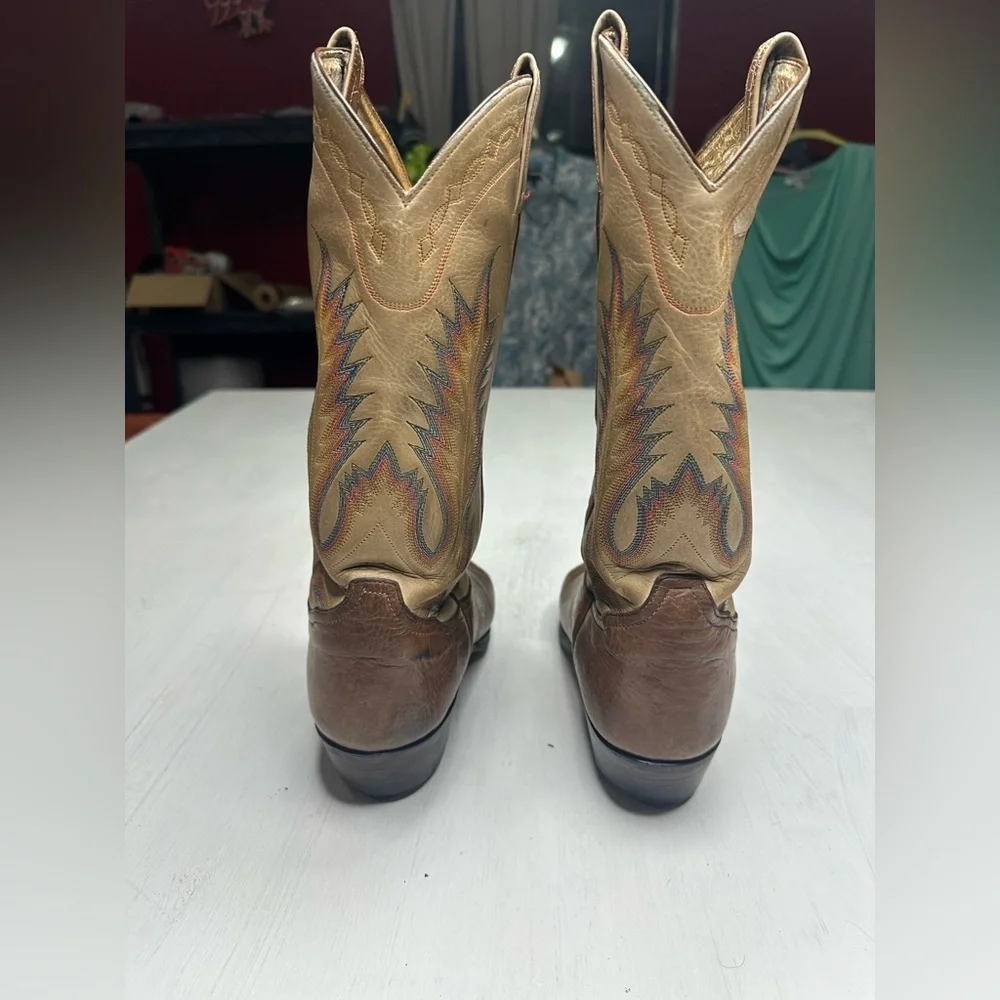 Tony Lama Boots Men's 9 D Brown Leather Rainbow Stitching Aztec Western 6186 Vtg - Picture 5 of 11